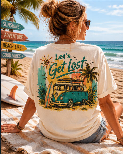 Let's Get Lost Vintage Beach Shirt | Retro VW Bus Surf Tee | Boho Summer Travel Graphic T-Shirt