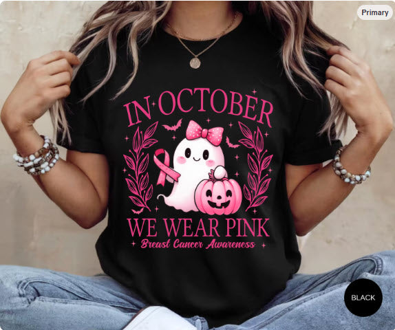 In October We Wear Pink Sweatshirt | Breast Cancer Awareness Halloween Ghost Crewneck | Pink Ribbon Halloween Shirt