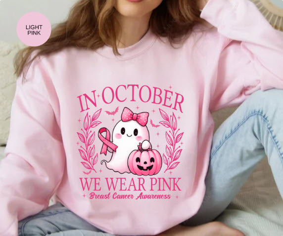 In October We Wear Pink Sweatshirt | Breast Cancer Awareness Halloween Ghost Crewneck | Pink Ribbon Halloween Shirt