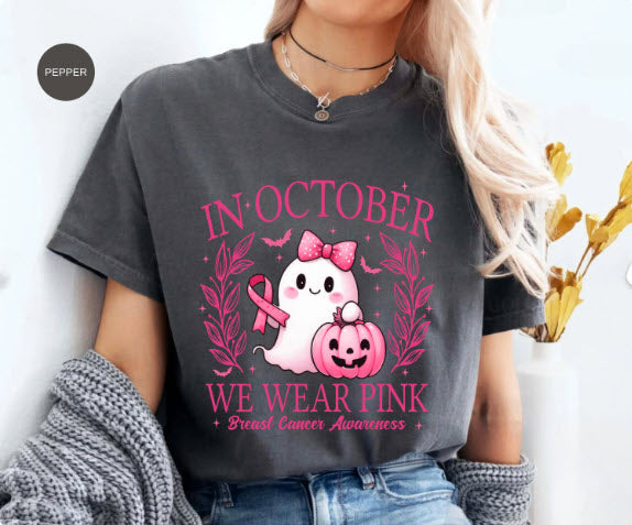 In October We Wear Pink Sweatshirt | Breast Cancer Awareness Halloween Ghost Crewneck | Pink Ribbon Halloween Shirt