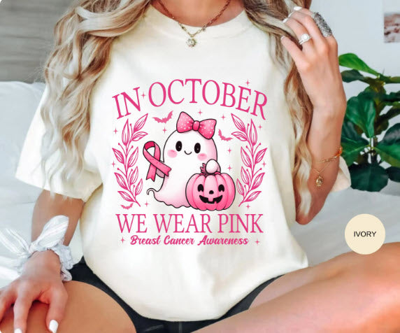In October We Wear Pink Sweatshirt | Breast Cancer Awareness Halloween Ghost Crewneck | Pink Ribbon Halloween Shirt