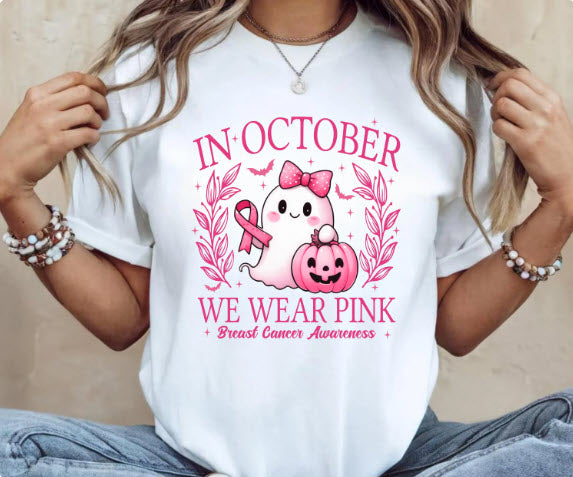 In October We Wear Pink Sweatshirt | Breast Cancer Awareness Halloween Ghost Crewneck | Pink Ribbon Halloween Shirt