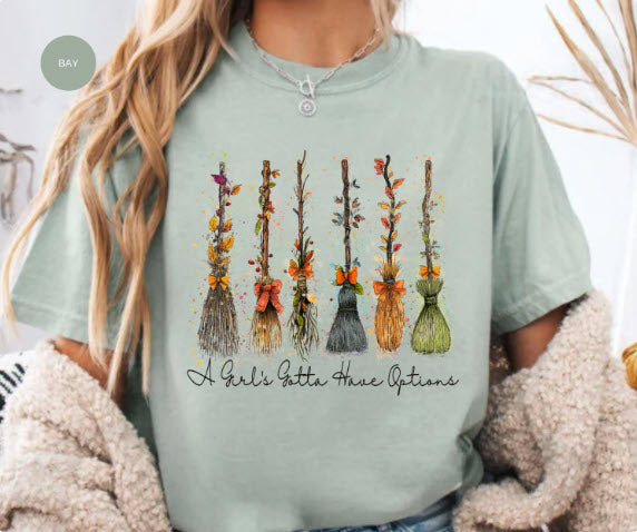 A Girl's Gotta Have Options Witch Broom Halloween Shirt | Funny Witch Tee | Halloween Gift for Women | Boho Witch Shirt