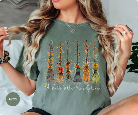 A Girl's Gotta Have Options Witch Broom Halloween Shirt | Funny Witch Tee | Halloween Gift for Women | Boho Witch Shirt