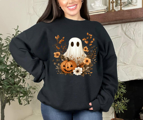 Boho Ghost Halloween Sweatshirt | Floral Ghost Pumpkin Crewneck | Cute Halloween Sweatshirt for Women | Spooky Season Sweater