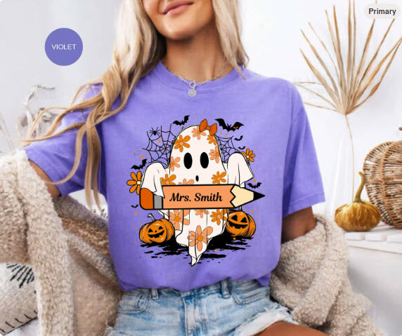 Personalized School Halloween Shirt | Custom Name Ghost Tee | Teacher Nurse Coach Staff Halloween Gift | Spooky School Shirt