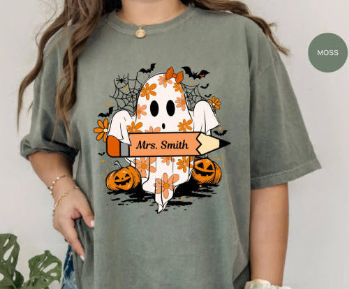 Personalized School Halloween Shirt | Custom Name Ghost Tee | Teacher Nurse Coach Staff Halloween Gift | Spooky School Shirt