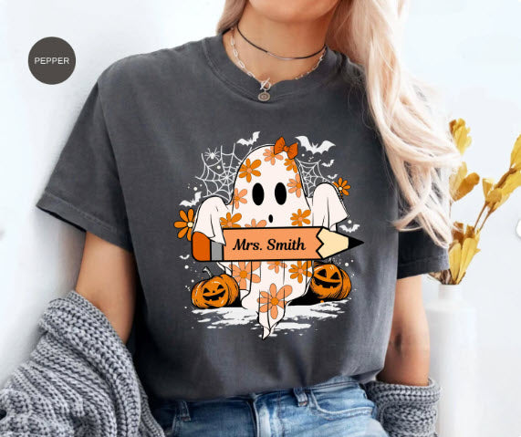 Personalized School Halloween Shirt | Custom Name Ghost Tee | Teacher Nurse Coach Staff Halloween Gift | Spooky School Shirt