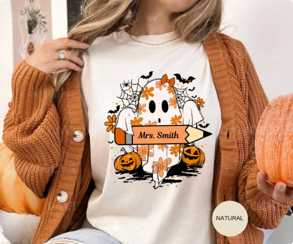 Personalized School Halloween Shirt | Custom Name Ghost Tee | Teacher Nurse Coach Staff Halloween Gift | Spooky School Shirt