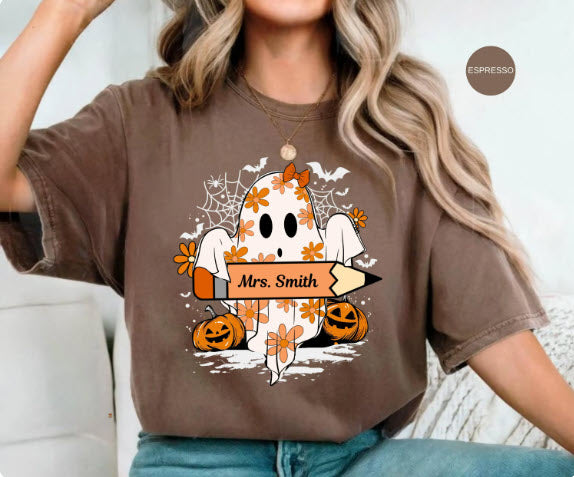 Personalized School Halloween Shirt | Custom Name Ghost Tee | Teacher Nurse Coach Staff Halloween Gift | Spooky School Shirt