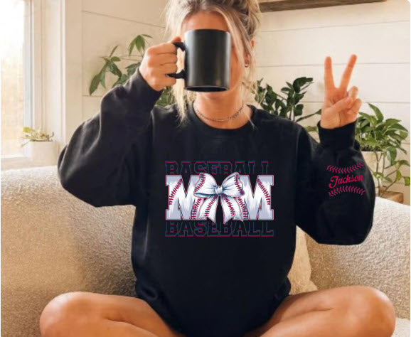 Baseball Mom Sweatshirt with Player Name on Sleeve | Personalized Baseball Mom Gift