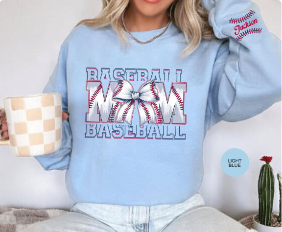 Baseball Mom Sweatshirt with Player Name on Sleeve | Personalized Baseball Mom Gift