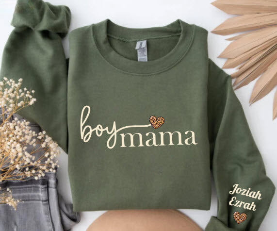 Boy Mama Sweatshirt with Sons Names on Sleeve | Personalized Boy Mom Gift