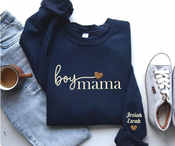 Boy Mama Sweatshirt with Sons Names on Sleeve | Personalized Boy Mom Gift