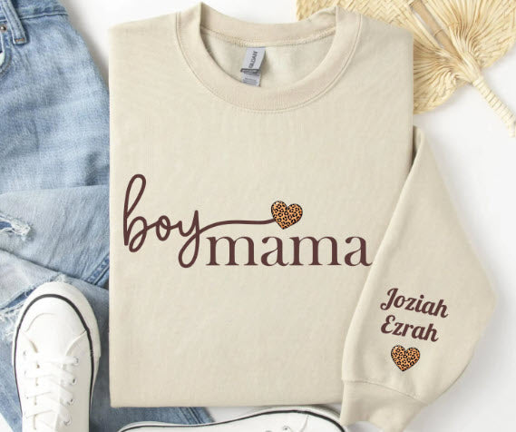 Boy Mama Sweatshirt with Sons Names on Sleeve | Personalized Boy Mom Gift