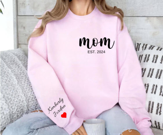 Mom Est. Sweatshirt with Kids Names on Sleeve | Personalized New Mom Gift