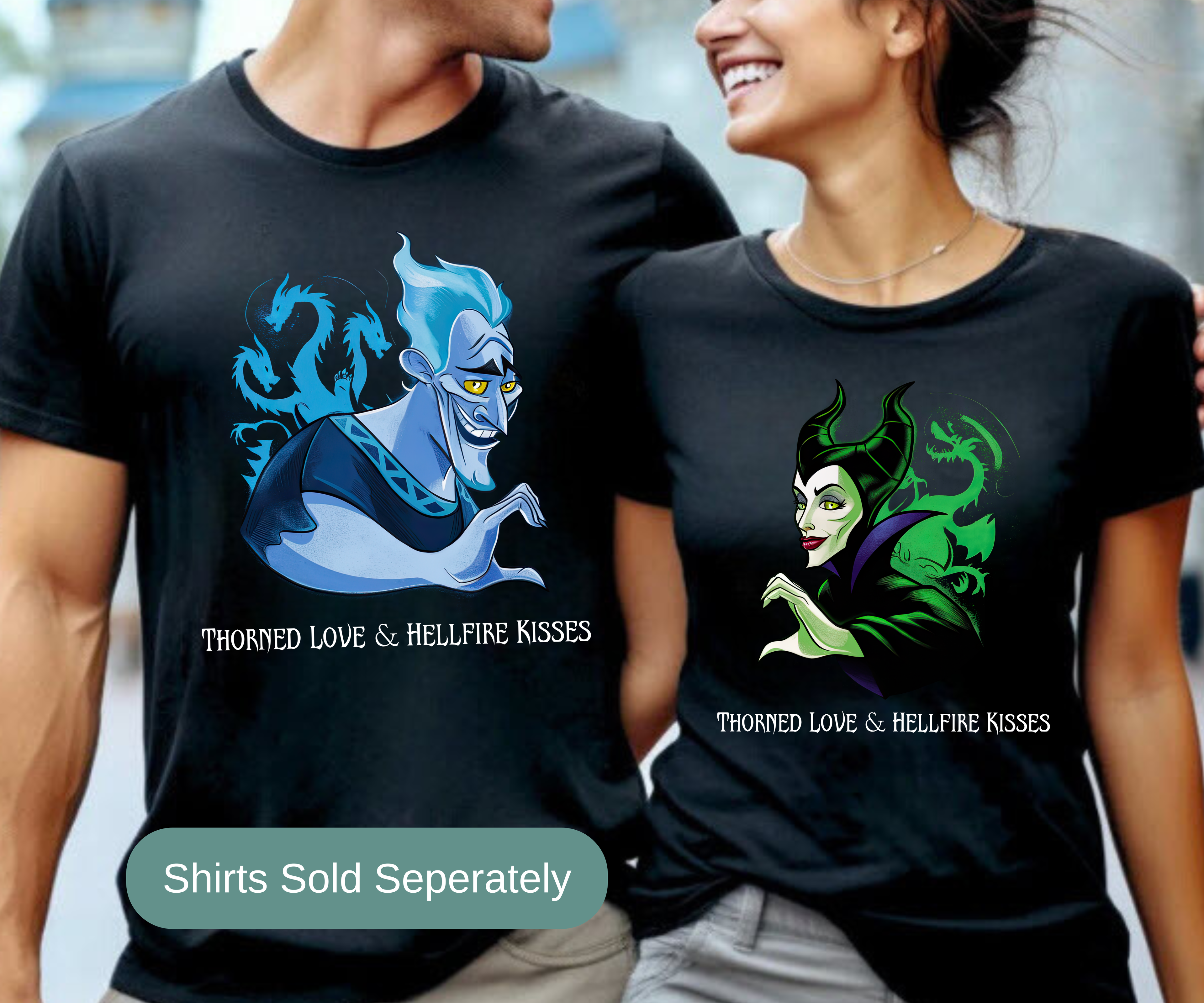 Hades and Maleficent Couples Halloween Shirt | Thorned Love & Hellfire Kisses Disney Villain Tee | Halloween Couples Matching Shirts