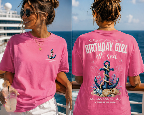 Birthday Girl at Sea Personalized Cruise Shirt | Birthday Crew Matching Tees | Caribbean Birthday Group Shirts