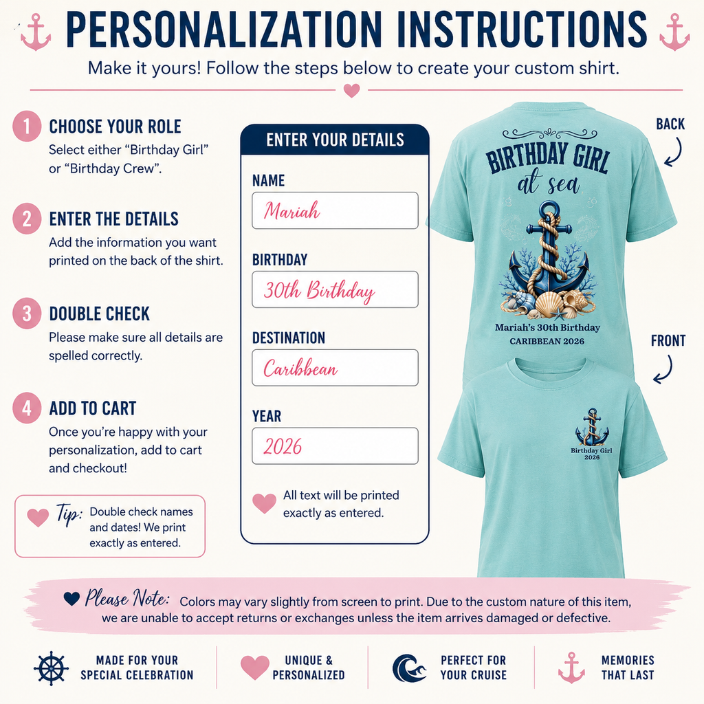 Birthday Girl at Sea Personalized Cruise Shirt | Birthday Crew Matching Tees | Caribbean Birthday Group Shirts