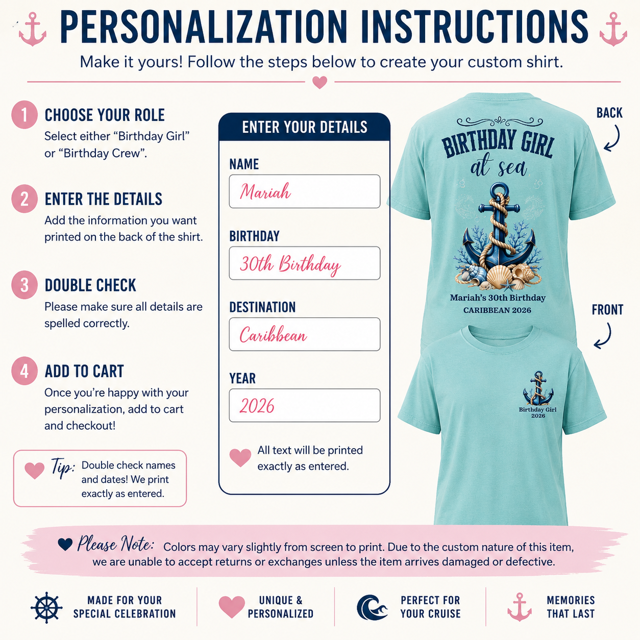 Birthday Girl at Sea Personalized Cruise Shirt | Birthday Crew Matching Tees | Caribbean Birthday Group Shirts