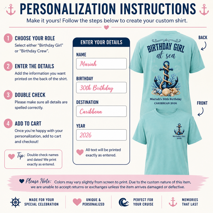 Birthday Girl at Sea Personalized Cruise Shirt | Birthday Crew Matching Tees | Caribbean Birthday Group Shirts