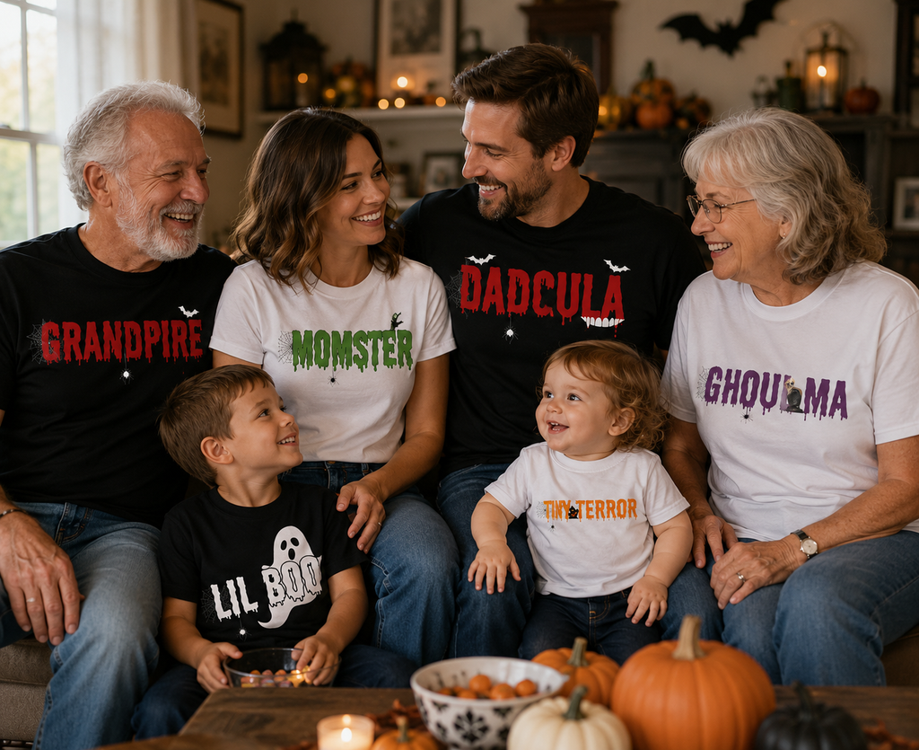 Family Matching Halloween Shirts | Momster Dadcula Grandpire Ghoulma Lil Boo Tiny Terror Tee | Halloween Family Costume Shirts