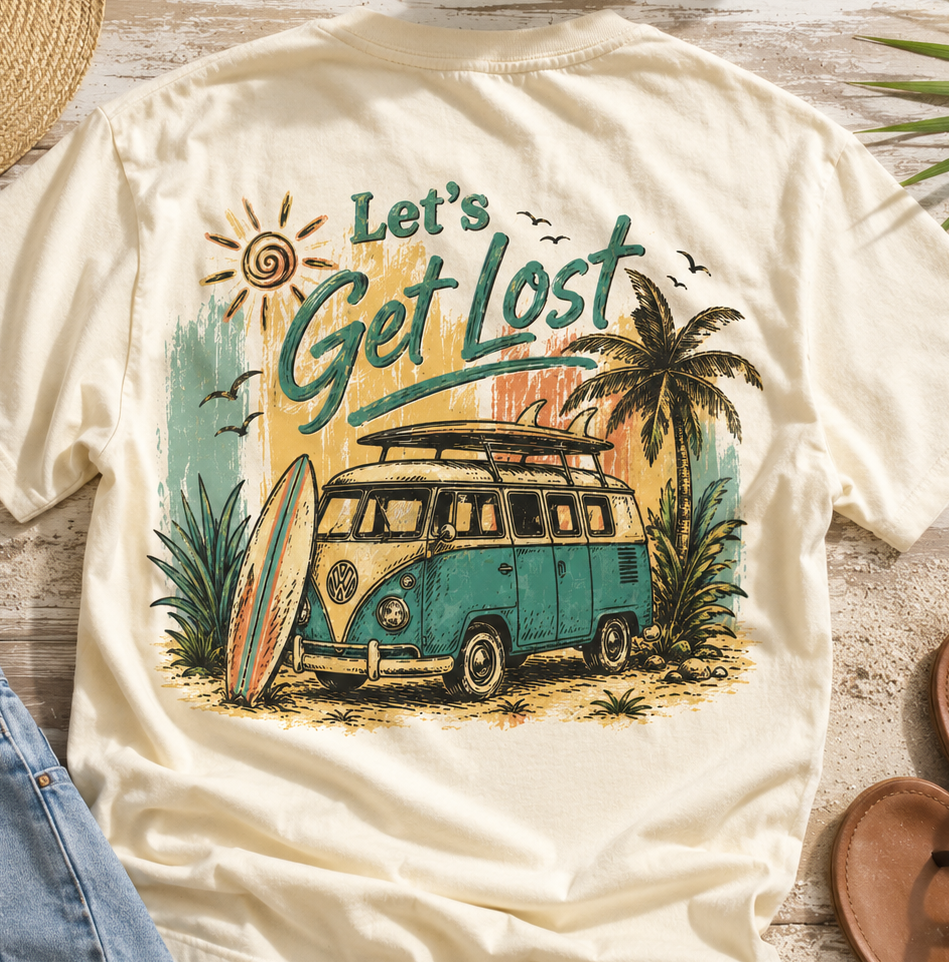 Let's Get Lost Vintage Beach Shirt | Retro VW Bus Surf Tee | Boho Summer Travel Graphic T-Shirt