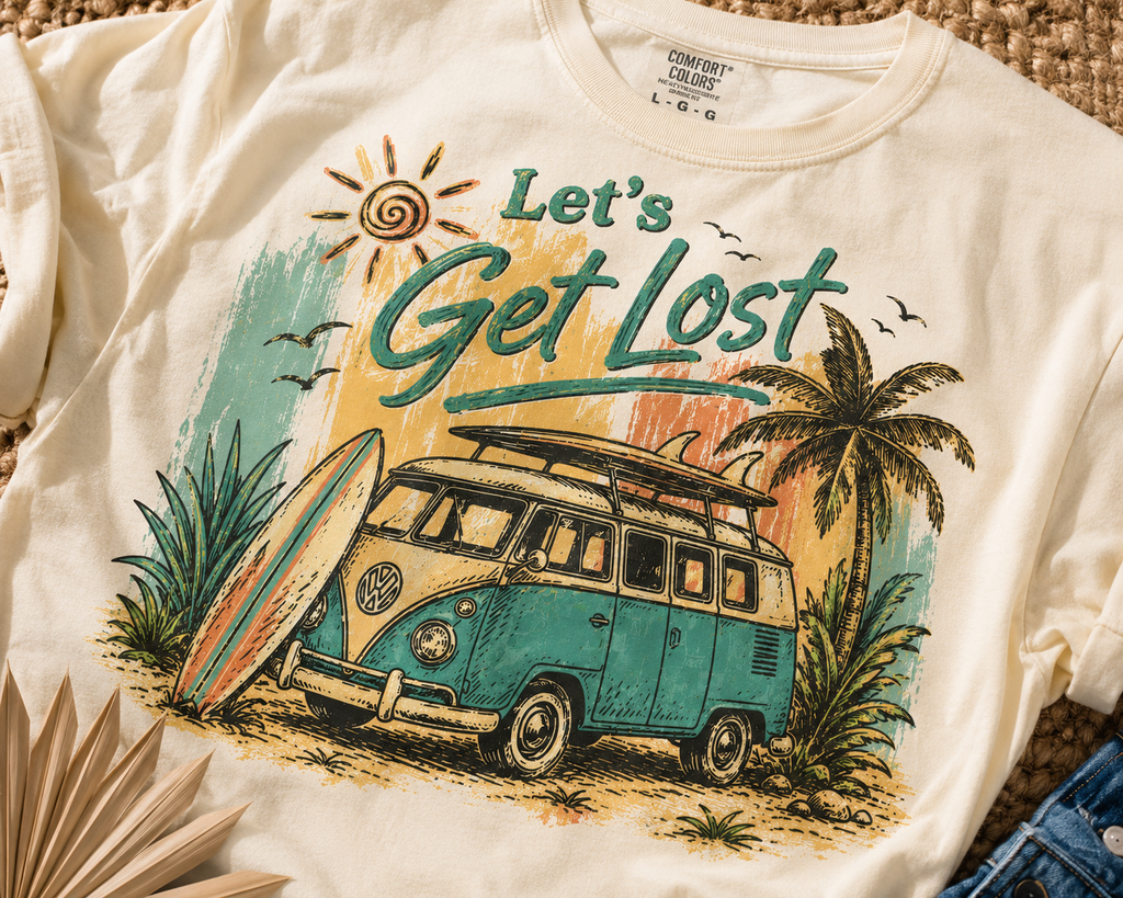 Let's Get Lost Vintage Beach Shirt | Retro VW Bus Surf Tee | Boho Summer Travel Graphic T-Shirt