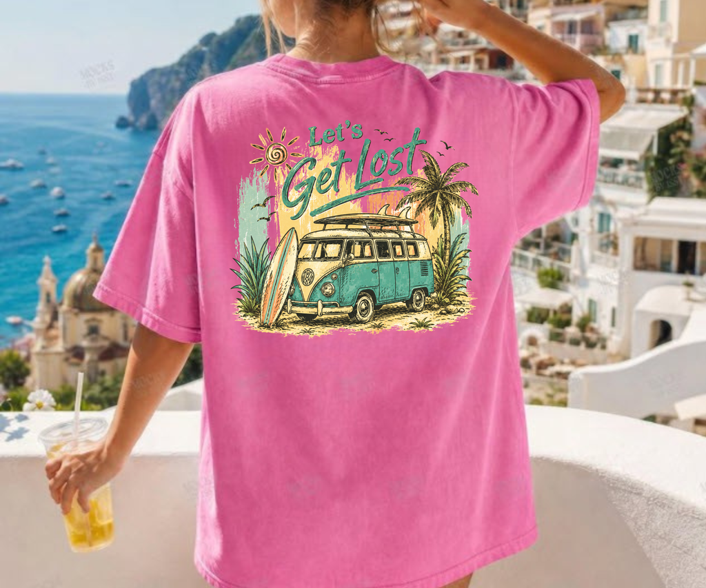 Let's Get Lost Vintage Beach Shirt | Retro VW Bus Surf Tee | Boho Summer Travel Graphic T-Shirt