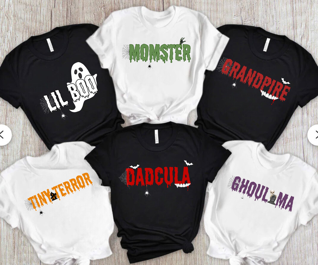 Family Matching Halloween Shirts | Momster Dadcula Grandpire Ghoulma Lil Boo Tiny Terror Tee | Halloween Family Costume Shirts